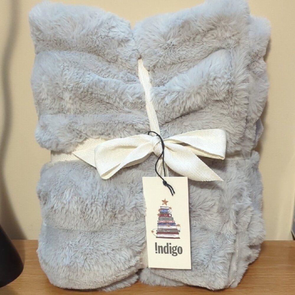 Indigo Faux Fur Throw in Soft Gray Brand New
